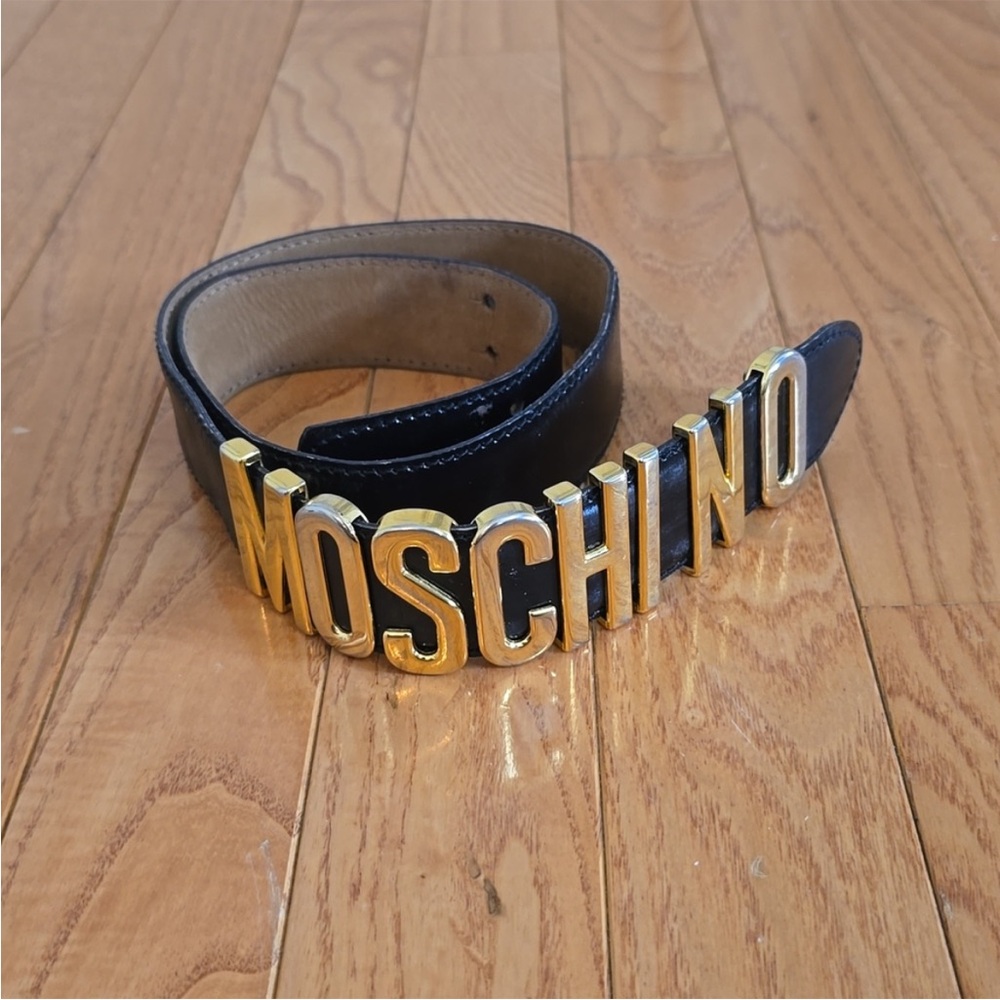 Moschino Black Leather Belt with Gold Logo Buckle